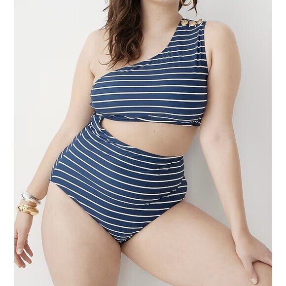 NWT J Crew Cutout One Shoulder One Piece Swimsuit Navy Blue White Stripe Swim 24 - Picture 1 of 15